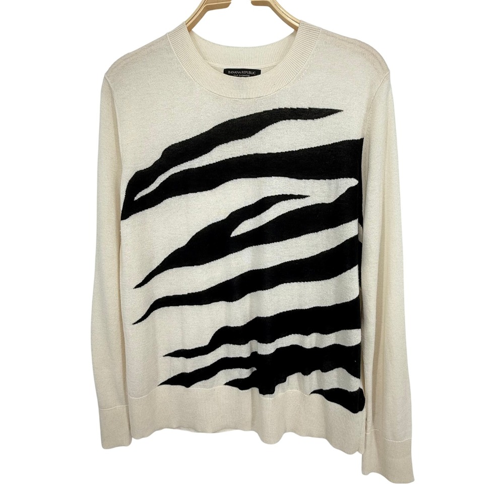Banana Republic Zebra Silk Cashmere Sweater Womens Medium Cream Black Excellent